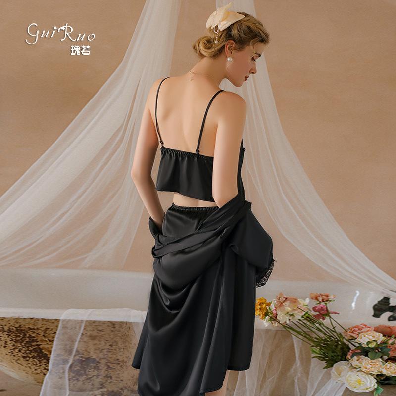 Women's Solid Satin Lace Cami Top Shorts with Robe Lounge Set