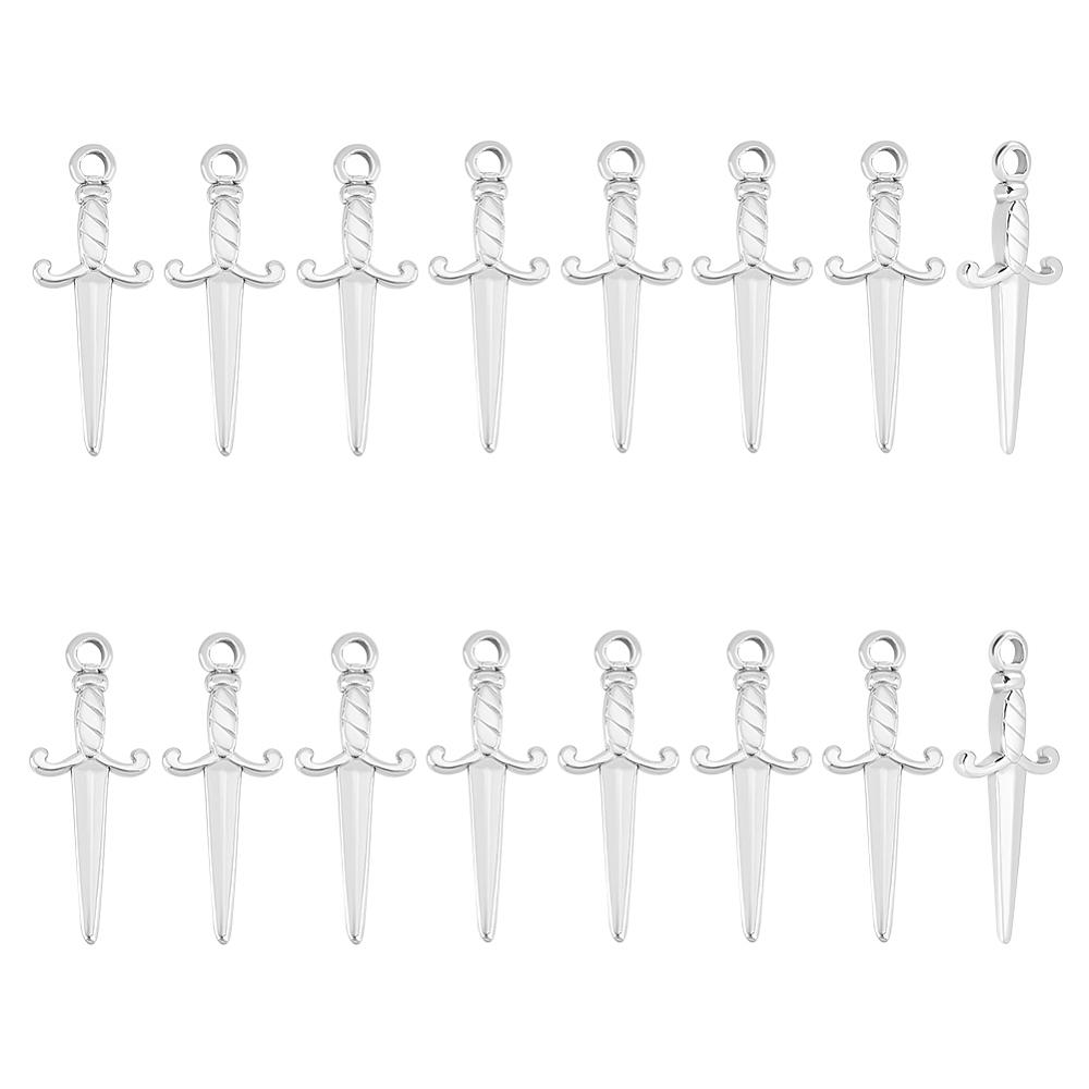 16Pcs 201 Stainless Steel Pendants Sword Stainless Steel Color 27.5x10.5x2.5mm Hole: 2mm 16pcs/box