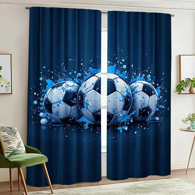 2 Stück Dynamische Fußball-bedruckte Vorhänge, Entwickelt für Lichtfilterung, Qualitätsmaterial, Ideal für Sportbegeisterte Zuhause Wind
