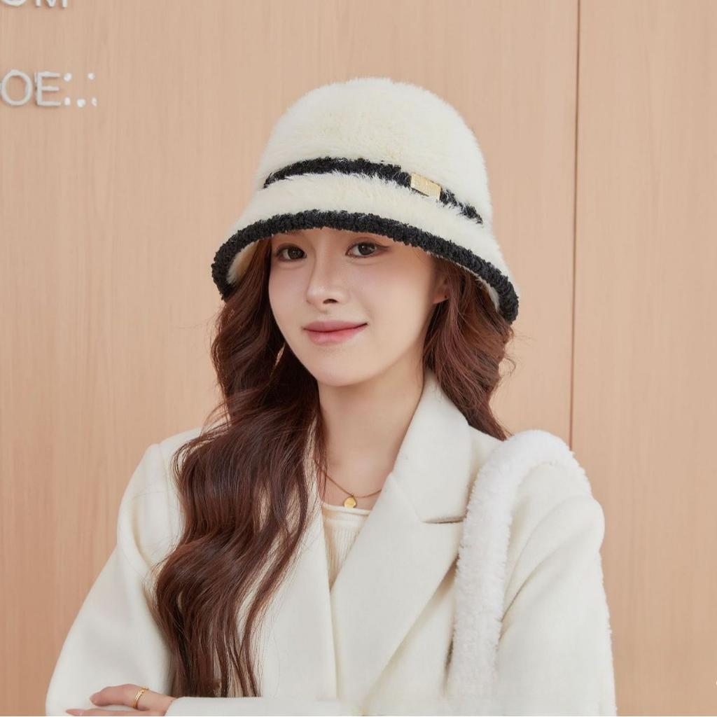 New Plush Fisherman Hat for Women's Fashionable Basin Hat Korean Style Fashionable Temperament Versatile Face Showing Small Warm Bucket Hat