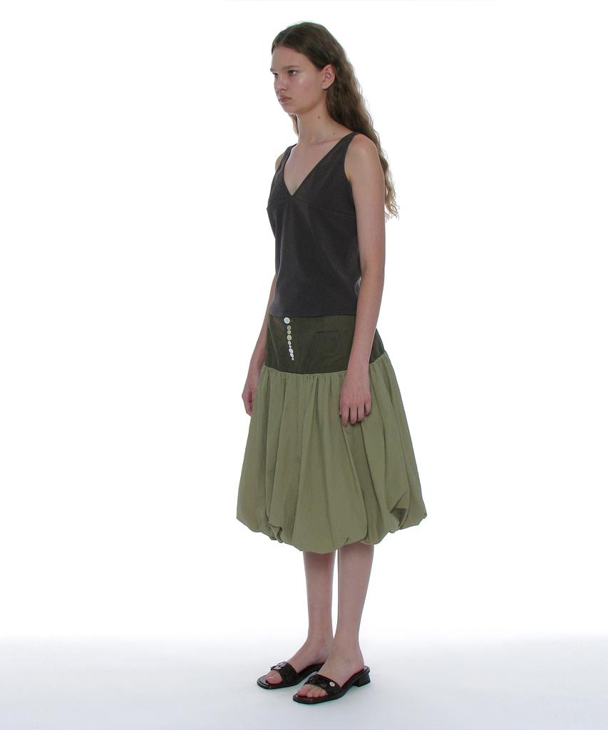 Partimento Woman Button-Pointed Puff Midi Skirt_Khaki Green
