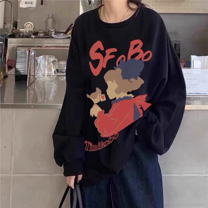 Women's Round Neck Black Sweatshirt Autumn New Ladies Cartoon Print Oversized Long Sleeved Hoodie Top