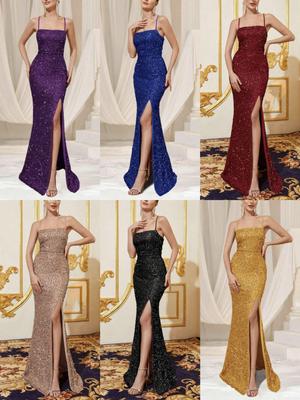 Robe de soirée à sequins fendue taille haute pour femme européenne et américaine, robe de demoiselle d'honneur