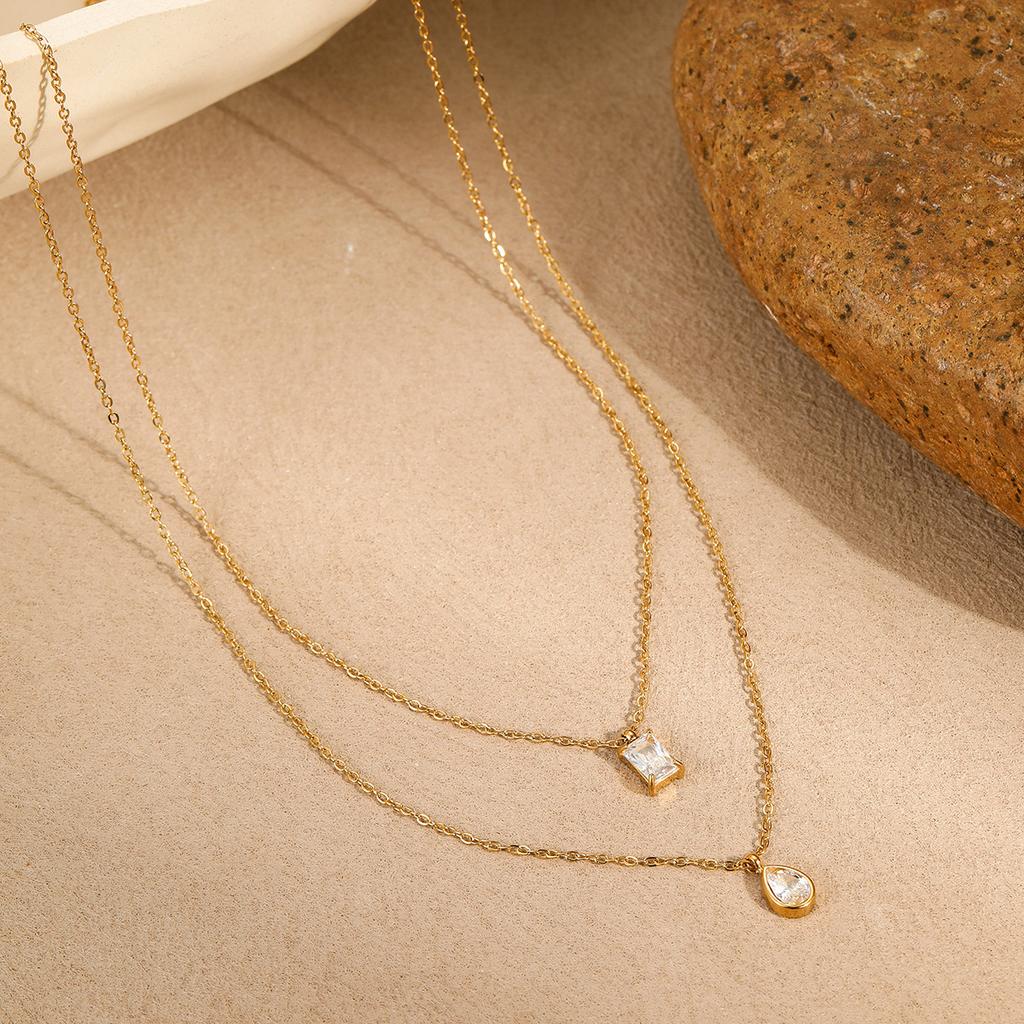 European and American Stainless Steel Necklace Inlaid with Square Water Droplets, Zircon, Titanium Steel Double-layer Stacked Collarbone Chain Jewelry