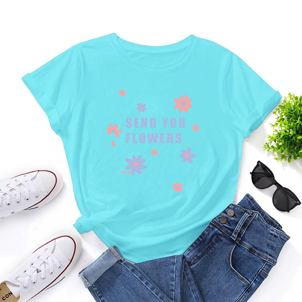 Send You Flowers Cotton T-Shirt Short Sleeve Round Neck Women 2d Print Tops