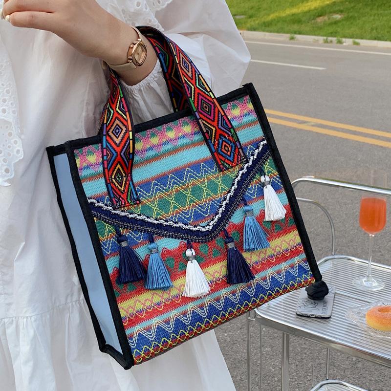 

Большая вместительная сумка в этническом стиле для женщин, новая модная ручная сумка с кисточками, универсальная плетеная сумка в стиле ретро для женщин