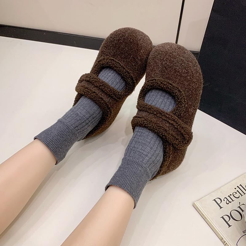 Autumn Winter Warm Cotton Grey Women Flats Comfort Round Toe Soft Sole Shoes Outdoor Short Plush Mary Jane Shoes
