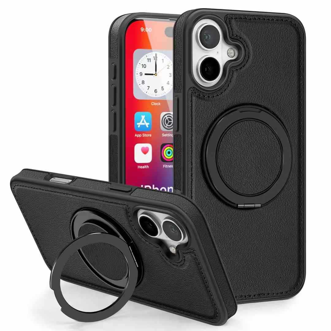 

Вращающийся кожаный чехол с магнитной подставкой подходит для iPhone 16E, высококачественных кожаных чехлов для бизнес-телефонов и Apple 15. iPhone 16promax чёрный
