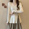 Design Sense Split V-neck Knitted Sweater Women's Autumn New Sweet Temperament Thin Unique Chic