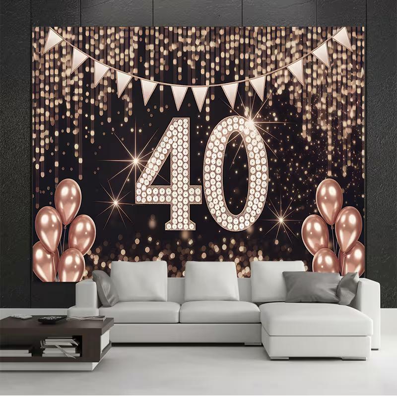 2D Black Rose Gold 40th Birthday Backdrop Diamond Number Photo Booth Prop