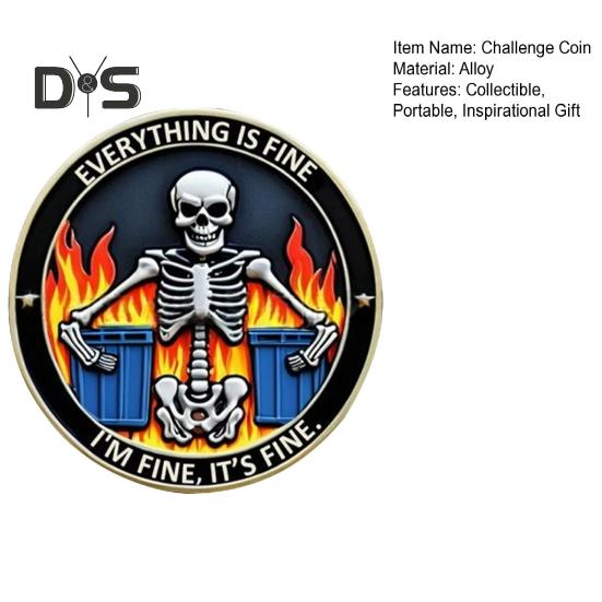 Kafatası Çöp Konteyneri Alev Madeni Para Renkli İskelet Meydan Madalyası Metal İlham Verici Cep Jetonu İş Arkadaşları Erkekler Kadınlar için Masa Aksesuarları