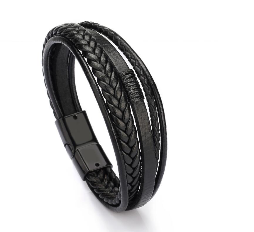 Men's Leather Bracelet Magnetic-Clasp Cowhide Braided Multi-Layer Wrap Bangle Stylish Accessory for Men