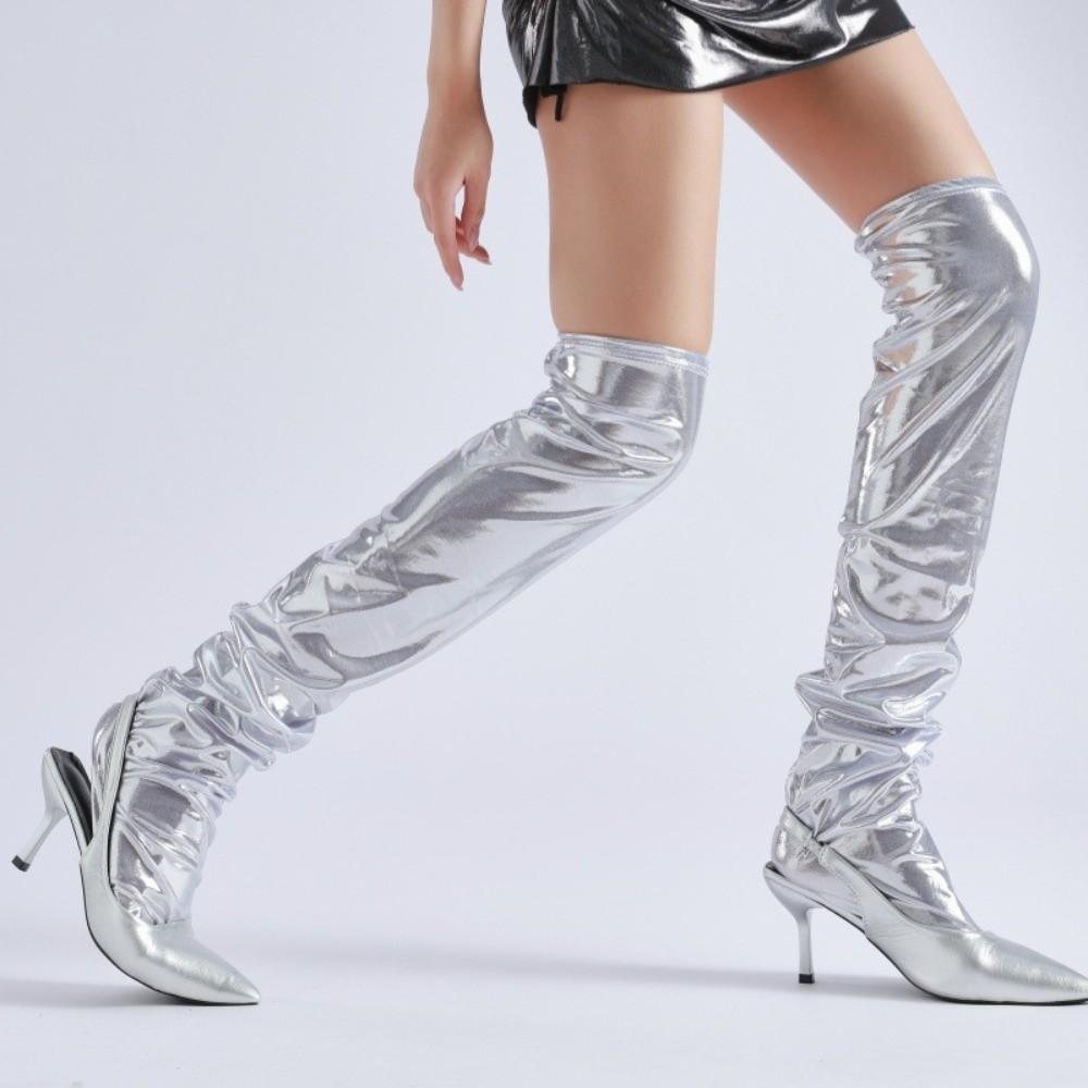 Over-the-Knee Metallic Socks Elastic Slimming Cyberpunk Stockings Silver Black Reflective Patent Leather Style Sleeves Unisex