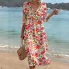 Women's V-Neck Midi Casual Dress with Printed Pattern for Beach Summer Vacation