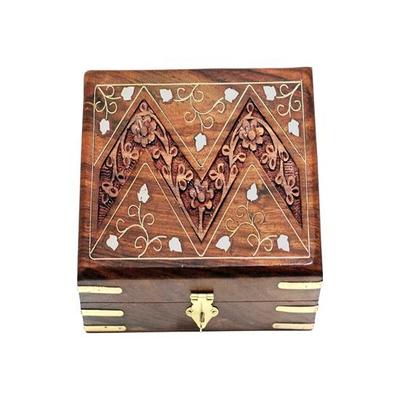 15 Cm Sheesham Wooden Brass Storage Box Hand Carved Jewellery Box Decorative Gift Box
