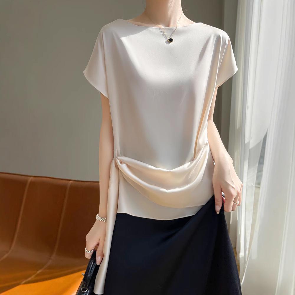 

2025 Women s Summer Design One-Shoulder Ice Silk Short Sleeve Top M suitable for 90-110 jin