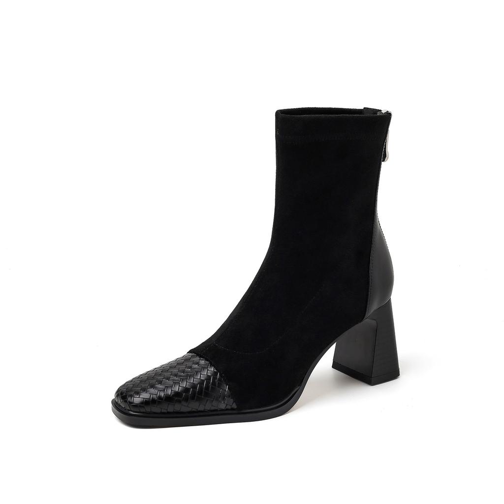 7CM French retro splicing temperament high-heeled boots 2025 autumn and winter new square head thick heel rear zipper light luxury short boots