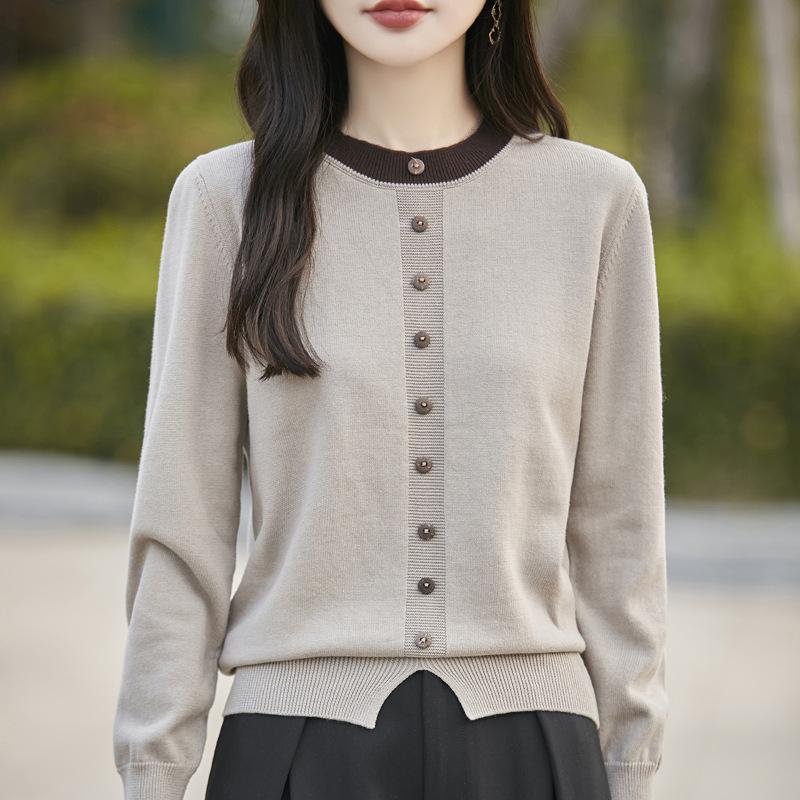 Reiner Baumwoll-Kontrast-Rundhals-Pullover für Damen im Herbst- und Winterstil, modisch, vielseitig und bequem, Basis-Shirt-Pullover-Oberteil