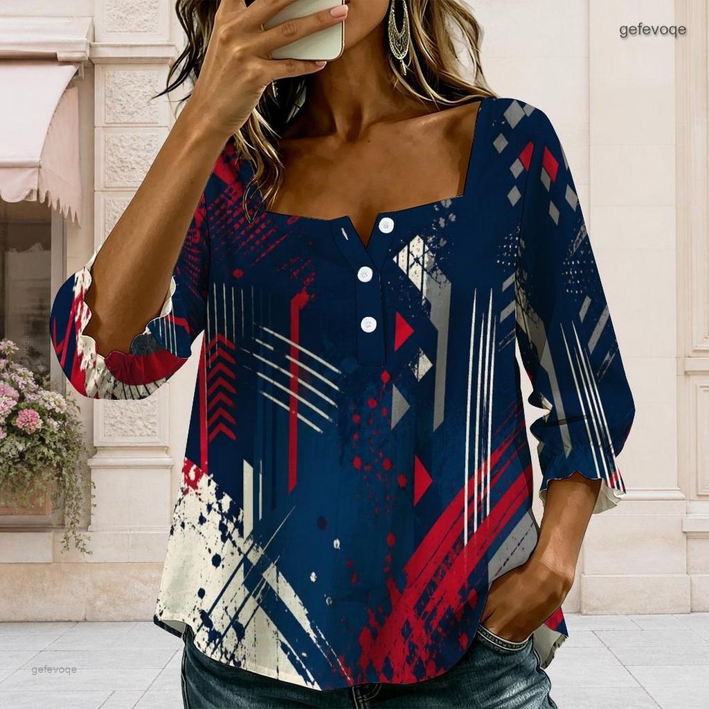 Womens Plus Size Square Neck Long Sleeve Front Button Elegant Loose Versatile Casual Ladies Blouse