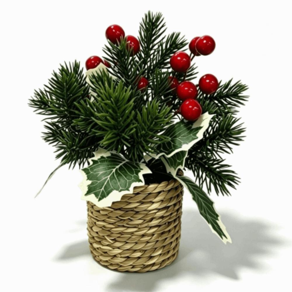 Red Berry Faux Holly Pine Cone Ornament Woven Basket Christmas Mini Potted Plant Home Decor