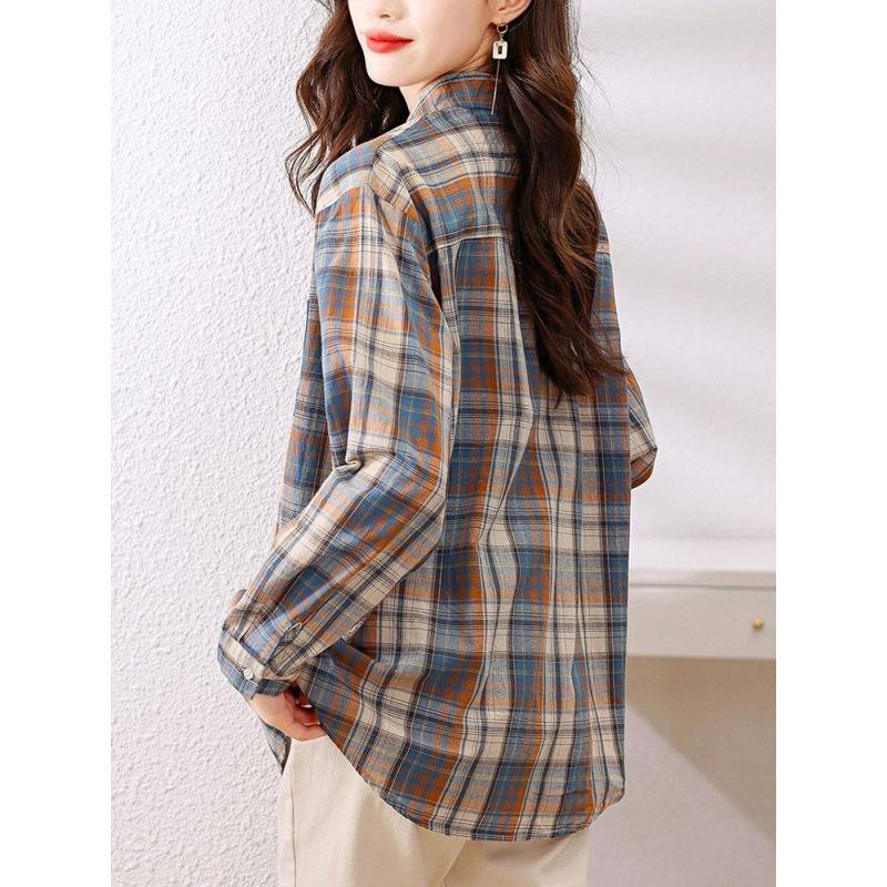 Women's long-sleeve plaid shirt 2026 new Korean style fashion design slim casual top