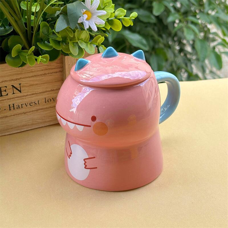 Kreslený ručně malovaný keramický hrnek s dinosaurem s víčkem Roztomilý hrnek na kávu, mléko, čaj, vodu Pár Snídaňový hrnek Domácí nápojové sklo