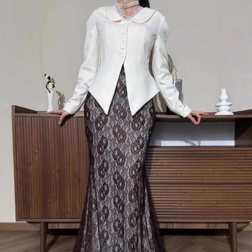 Cross-border European and American women's clothing Amazon casual button V-neck top celebrity fashion lace skirt