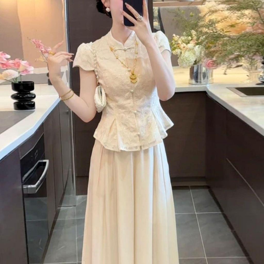 Summer Chinese Style Apricot Frog Button Skirt-Pants Suit for Women - Elegant & Luxurious