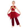 Girls Metallic Patchwork Sleeveless Dress Asymmetrical Hem Wide Leg Pants Praise Dance Set