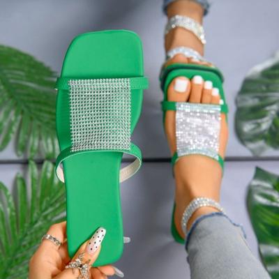 Fashion Fashion Slippers Female 2024Woman Square Head Rhinestone Hollow Sexy Versatile Shoes Flat Open Toe Breathable Beach Shoes Slides