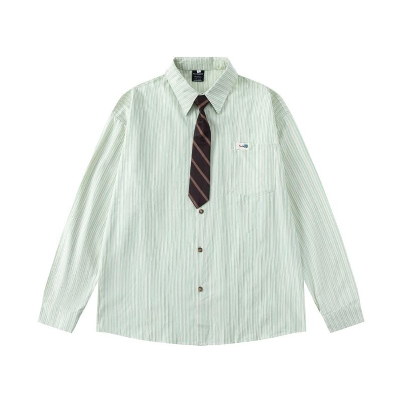 American Retro Preppy Striped Shirt With Fun Flower Patch Long Sleeve Loose Fit Couples