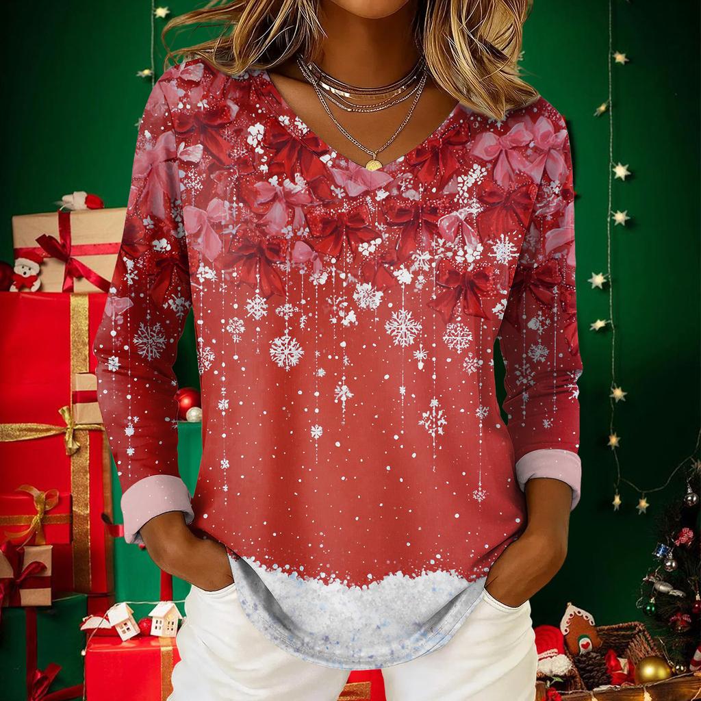 Top casual de damă cu mânecă lungă și decolteu în V, cu imprimeu de Crăciun