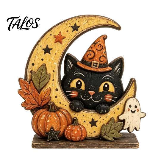 Waterproof Solid Wood Ornaments Halloween Retro Pumpkin Witch Cat Ghost Figurines with Crescent Base, Spooky Vintage Fall Holiday Party Supplies