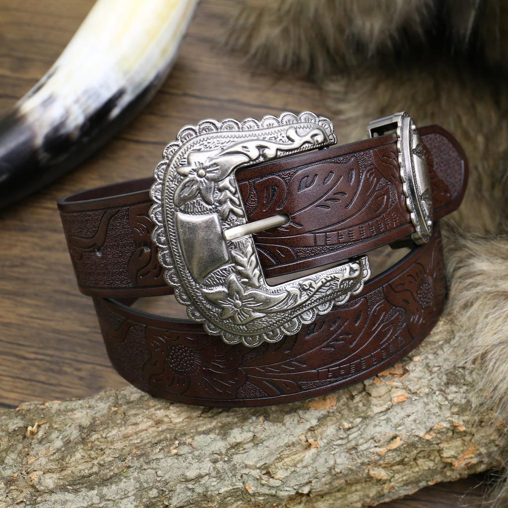Western Denim Belt Alloy Large Plate Buckle Vintage Engraved Men'S Punk Hip Hop Leather Belt