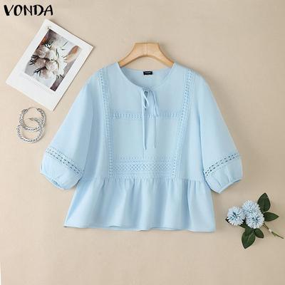 Summer Women Round Neck Solid Color 3/4 Sleeve Crochet Casual Blouse