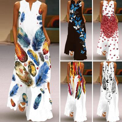 Summer Dress V-neck Sleeveless Floral Print Loose Hem Full Length Dressing Up Thin Women Floral Print A-Line Vest Maxi Dress Daily Clothing
