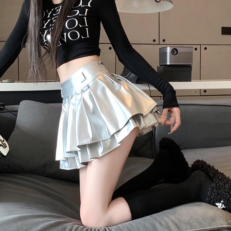 Women's High-Waist Silver Pleated A-Line Skirt with Built-In Shorts - Petite Fit, Leather, Autumn Style