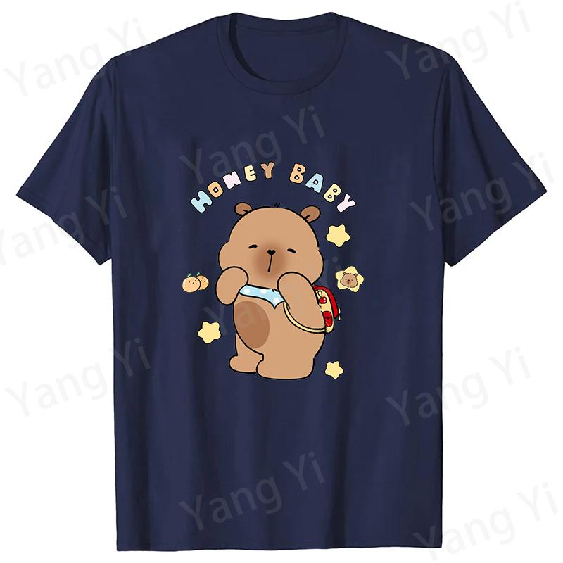 Modische Capybara Trage Rucksack Druck T-Shirt Lässig Kurzarm Grafik T-Shirt Unisex Locker Harajuku Shirt Honey Baby Oberteile