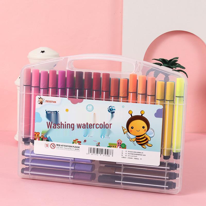 Washable Hard-Tip Watercolor Pens for Kids, 12 Colors, Triangular Barrel, Large Capacity, Boxed Set.