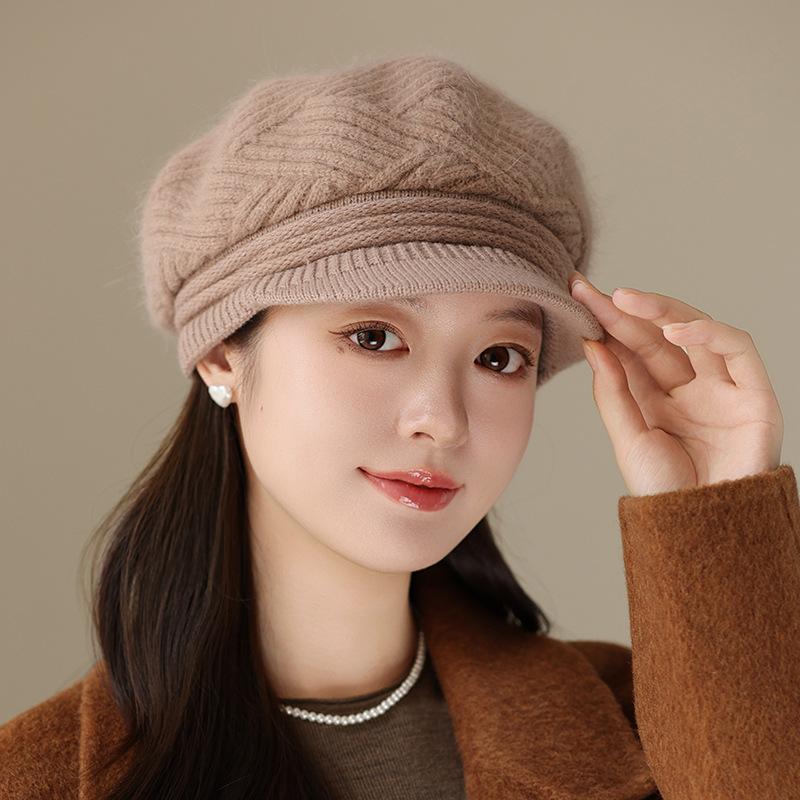 Hat Women's Autumn and Winter Wool Hat Fashion Rabbit Hair Beret Fleece Thickened Knitted Cap