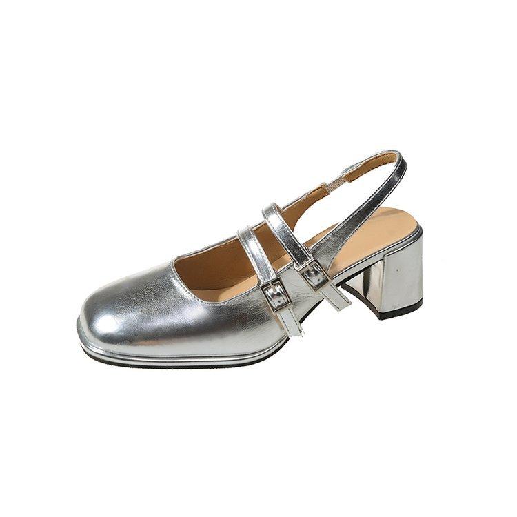 

Summer hollow bag head sandals 2024 new Mary Jane light mouth thick heel single shoes French fairy style small leather shoes 39 срібний