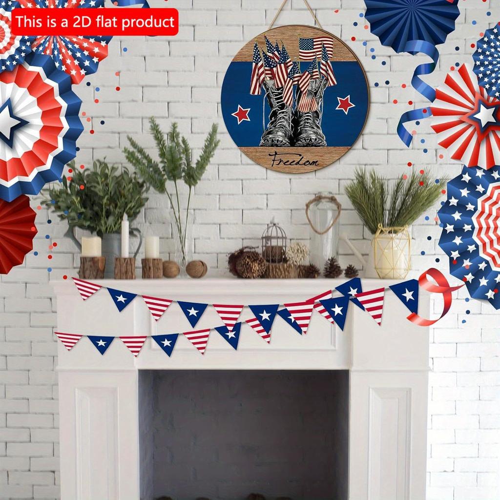 2D Flat 20*20cm1pc Freedom Memorial Theme Warrior Shoes and Flag Pattern Wooden Hanging Door Decor, USA Independence Day Blue Style Sign, Suitable