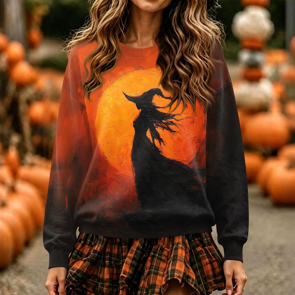 Women's Halloween Print Long Sleeve Neck Pullover Sweatshirt