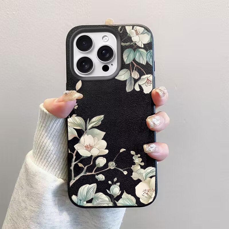 White Flowers Leaves Leather Phone Case For IPhone 15 12 14 13 11 16 17 Pro Max Plus 17 Air 16E Silicone New Design Luxury Cover