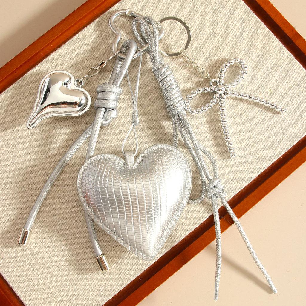 Miu Silver Heart Pu Keychain With Butterfly Bow Woven Rope For Fashion Accessories