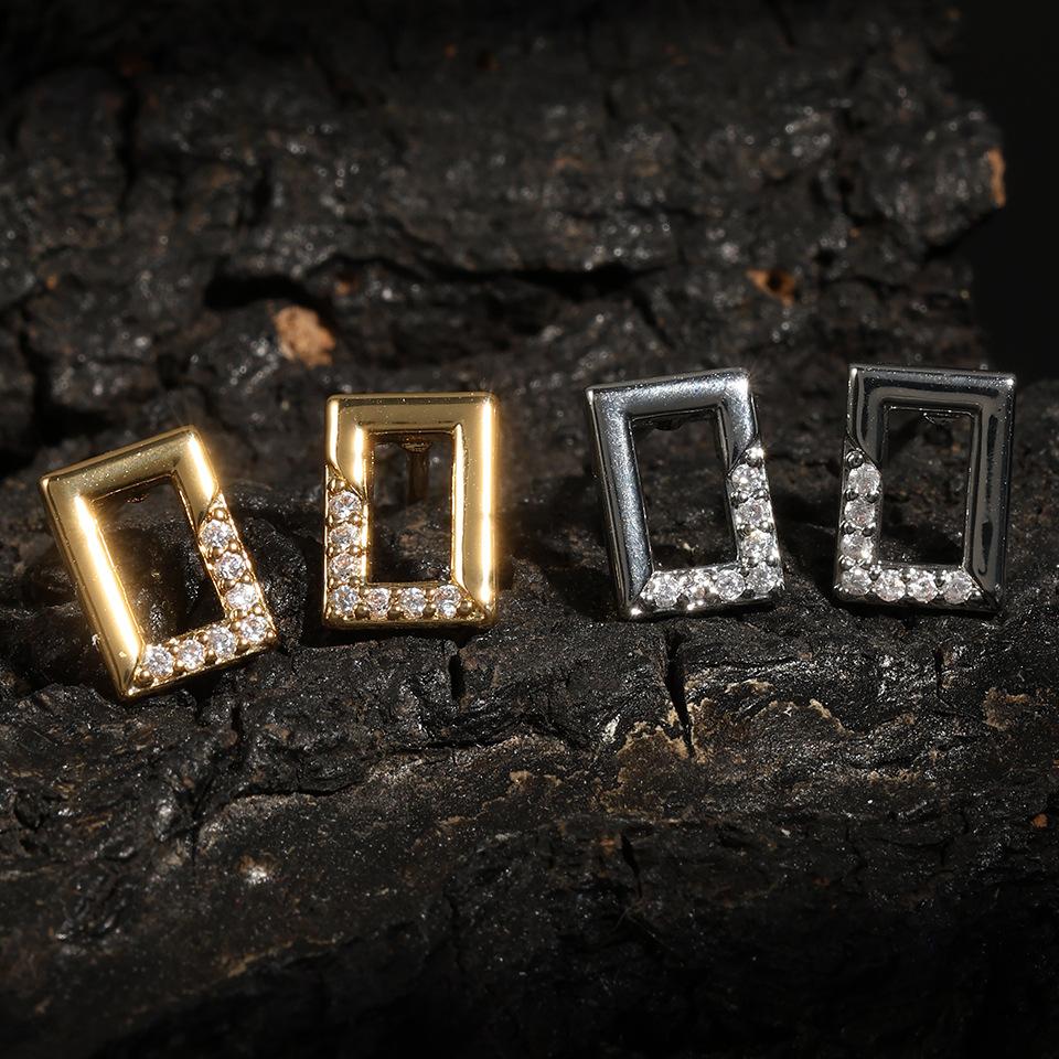 Hollow Full Diamond Zircon Inlaid Earrings Three-Dimensional Square Stud Earrings, Small Temperament Versatile Cold Wind Earrings Women