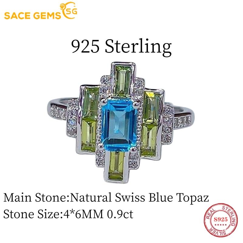 SACEGEMS 925 Sterling Silver 4*6mm Natural Swiss Blue Topaz Luxury Rings for Women Created Wedding Engagement Party Fine Jewelry
