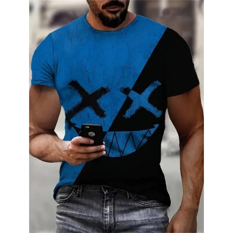 Summer Round Neck 3D Color block Print Top Fashionable Casual Short Sleeved Men's T-shirts