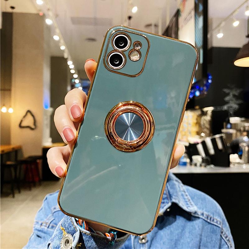 

With Ring Holder Phone Case For IPhone 17 Pro Max 16 15 14 13 12 11 Xs Xr Electroplating Plated Soft Back Cover iPhone 13 mini