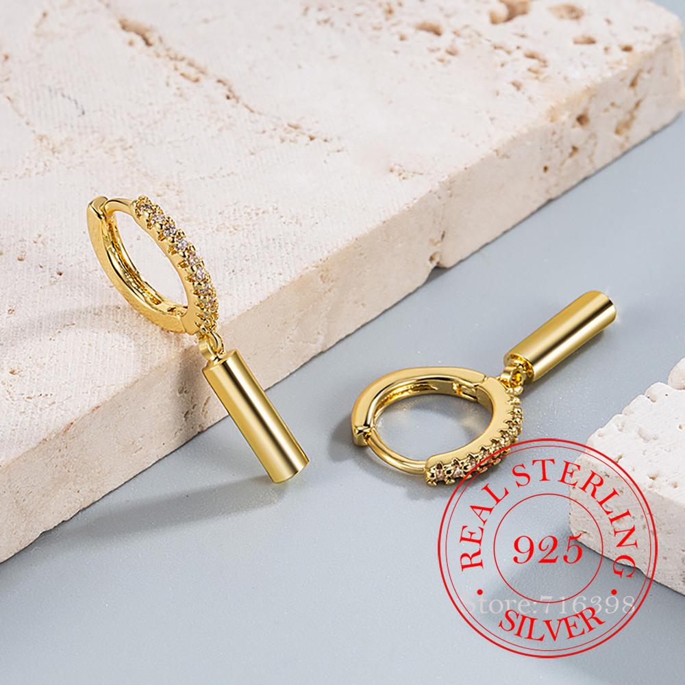 Women Earrings Original 925 Sterling Silver Pave CZ Round Stick Huggie Hoop Earrings Engagement Wedding Party Jewelry